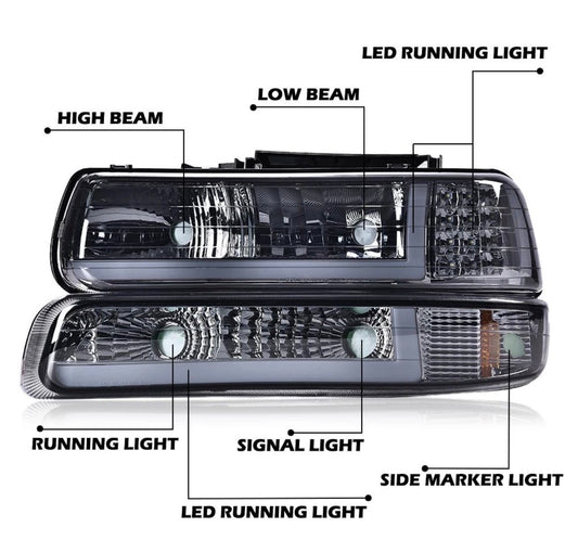 Chrome LED DRL Headlights Bumper Lamps For 1999-02 Chevy Silverado 2000-06 Tahoe amber