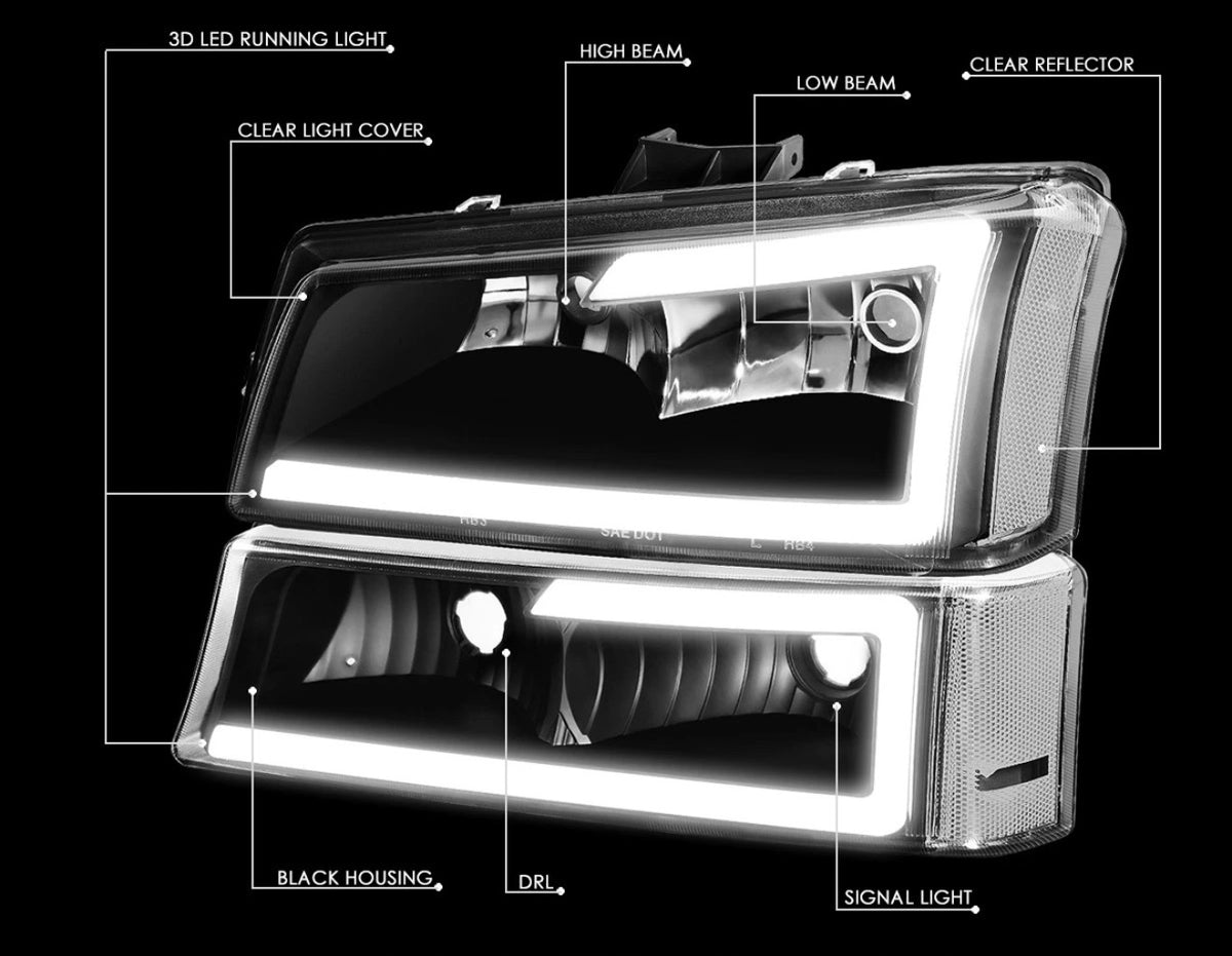 For 2003-2007 Silverado Avalanche LED DRL Headlight Bumper Signal Lamps Black