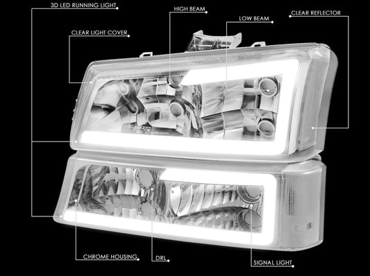 For 2003-2007 Silverado Avalanche LED DRL Headlight Bumper Signal Lamps Chrome