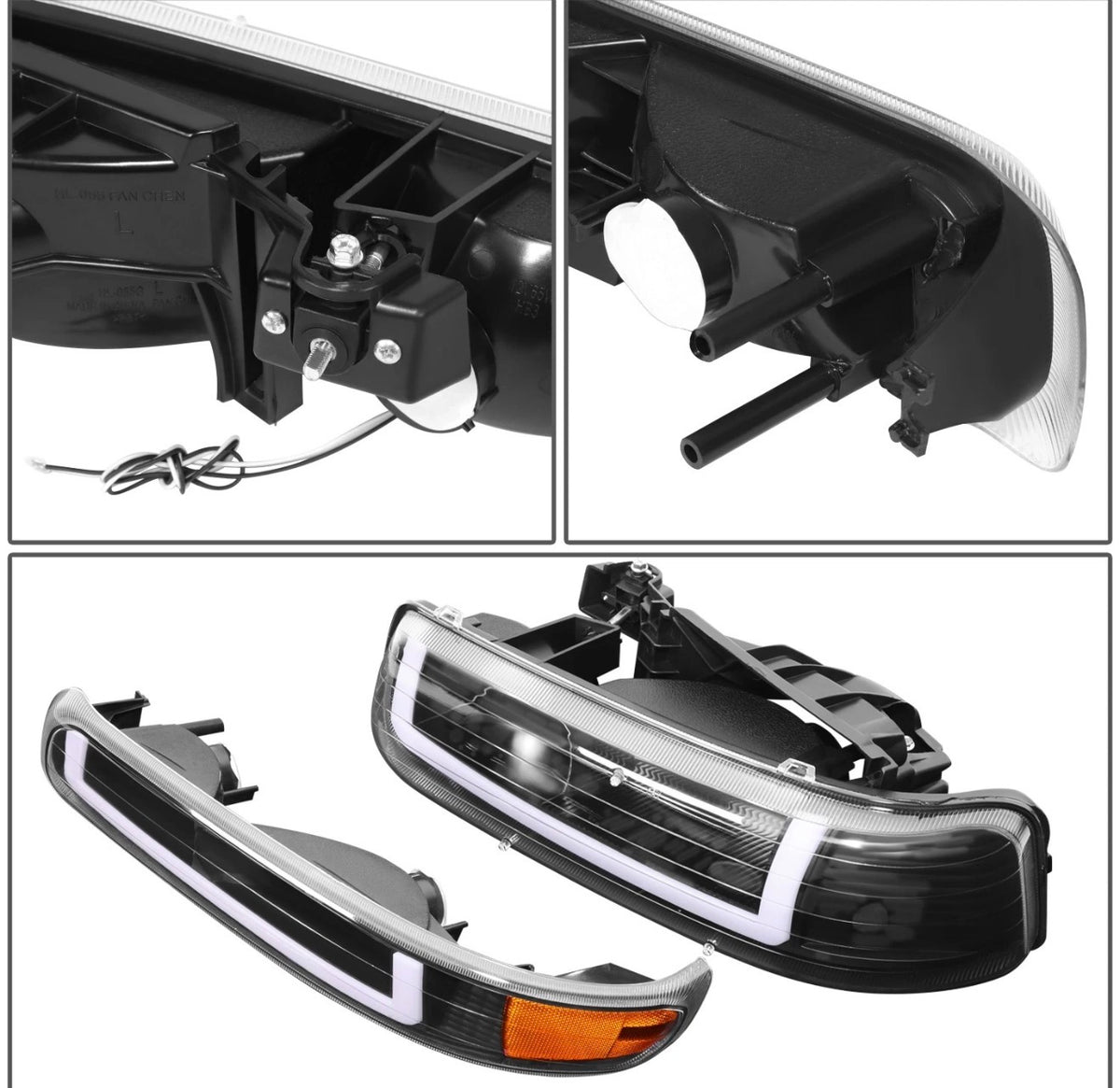 Fit 99-02 Silverado Suburban DRL LED Light Bar Type-2 Black Amber Headlights