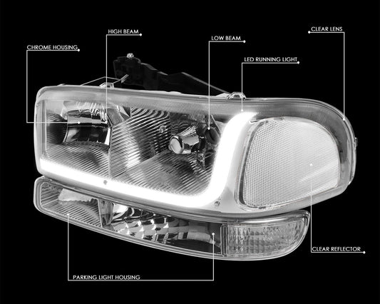 For 1999-2007 Sierra 1500 2500 LED DRL Headlight Bumper Signal Lamp Chrome Clear