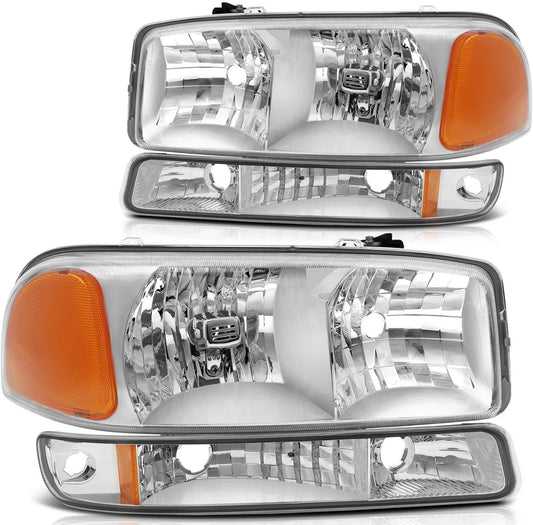 Headlights Assembly+Bumper Light Pair For 2003-2006 GMC Sierra 1500 Clear Lamps