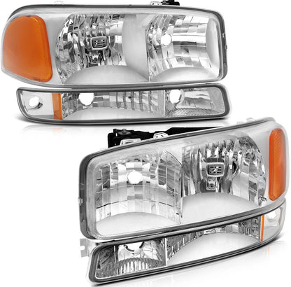 Headlights Assembly+Bumper Light Pair For 2003-2006 GMC Sierra 1500 Clear Lamps