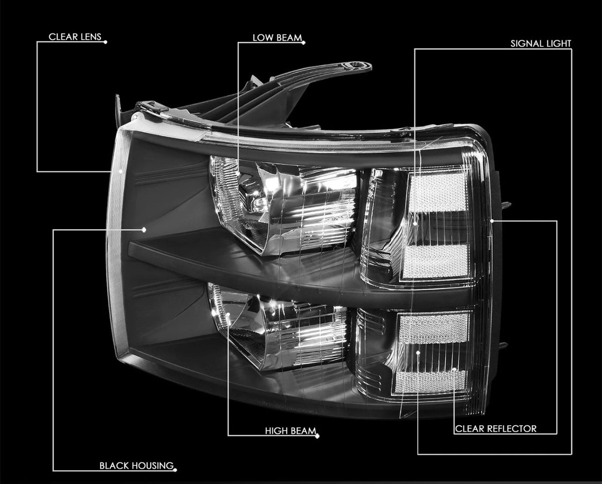 Fit 2007-2014 Chevy Silverado Pair Black Housing Clear Side Headlight/Lamp Set