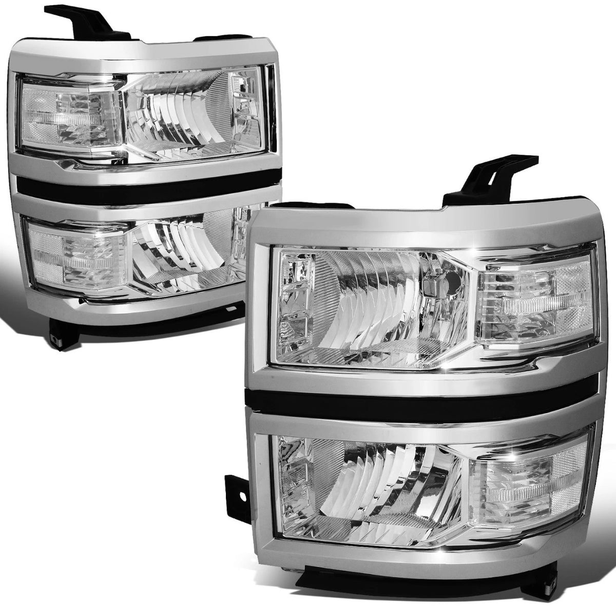Fit 2014-2015 Chevy Silverado Pair Chrome Housing Clear Side Headlight/Lamp Set