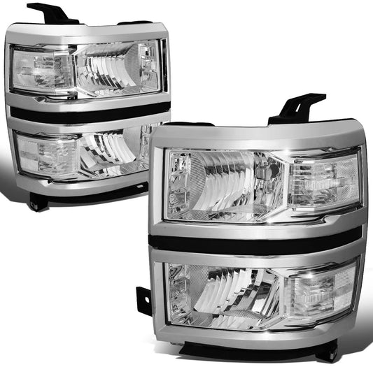 Fit 2014-2015 Chevy Silverado Pair Chrome Housing Clear Side Headlight/Lamp Set