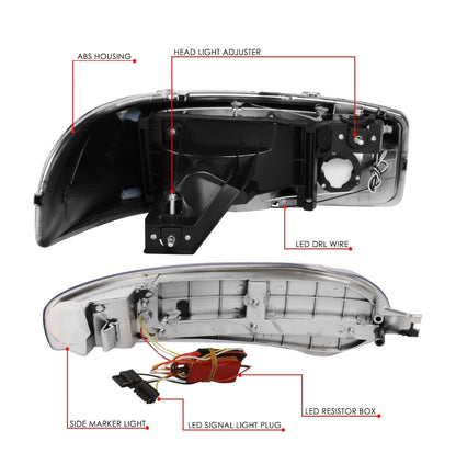 Fit 01-07 Sierra Yukon Denali Switchback LED DRL Bumper Headlights Chrome/Clear