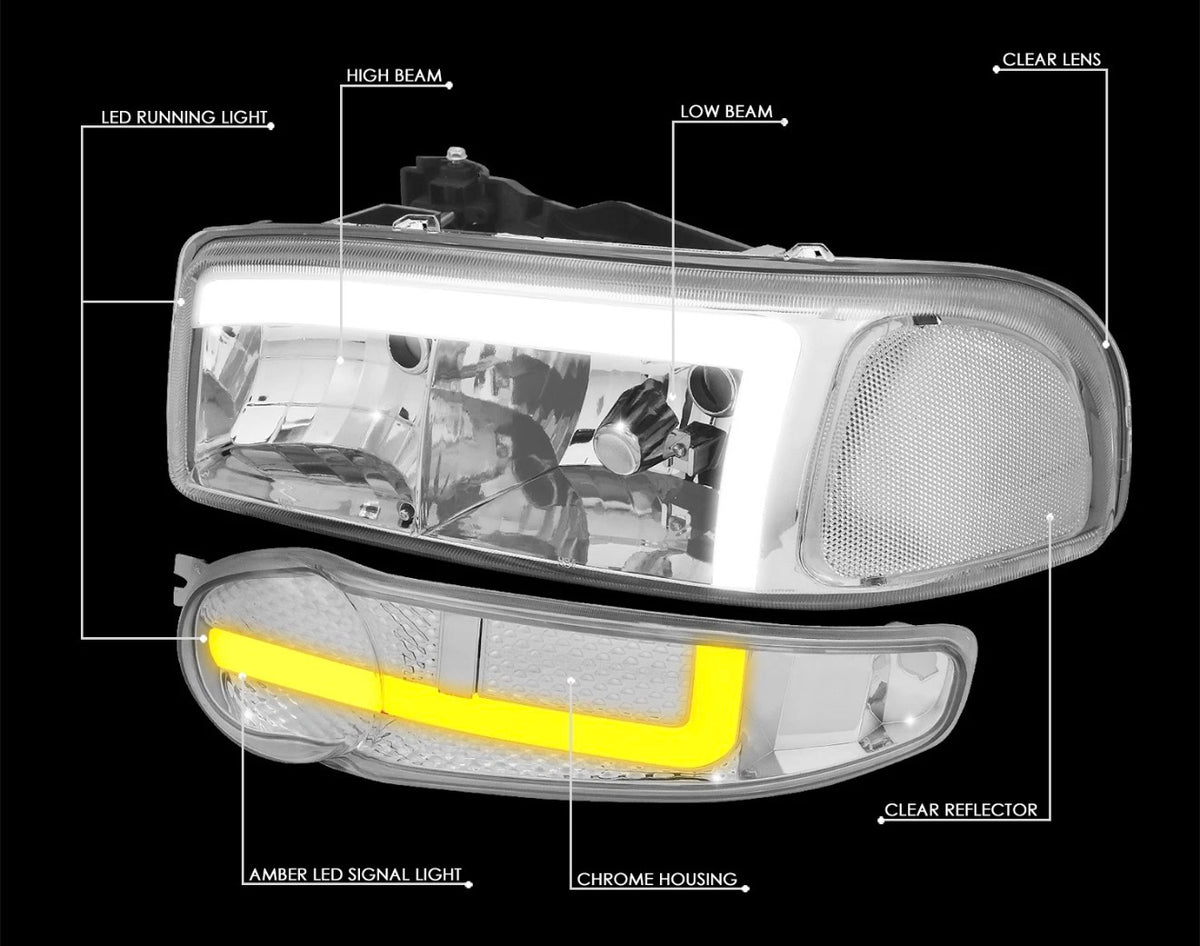 Fit 01-07 Sierra Yukon Denali Switchback LED DRL Bumper Headlights Chrome/Clear