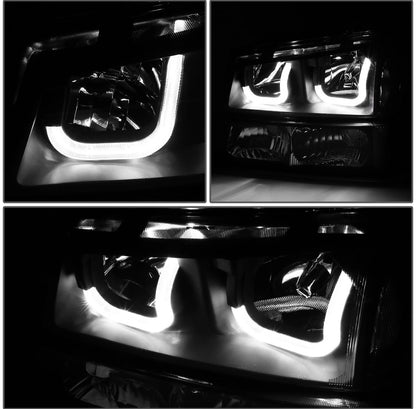 Fit 03-07 Chevy Silverado Black Clear J-Halo LED DRL Headlights w/ Bumper Lamps