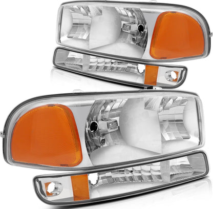 Headlights Assembly+Bumper Light Pair For 2003-2006 GMC Sierra 1500 Clear Lamps