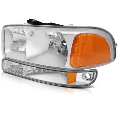 Headlights Assembly+Bumper Light Pair For 2003-2006 GMC Sierra 1500 Clear Lamps