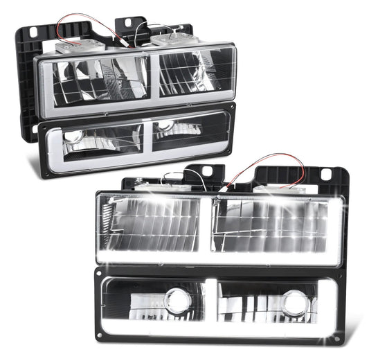 Fit 88-00 Chevy GMC C/K F-Shape LED DRL Headlight+Bumper Turn Signal Lamps Black