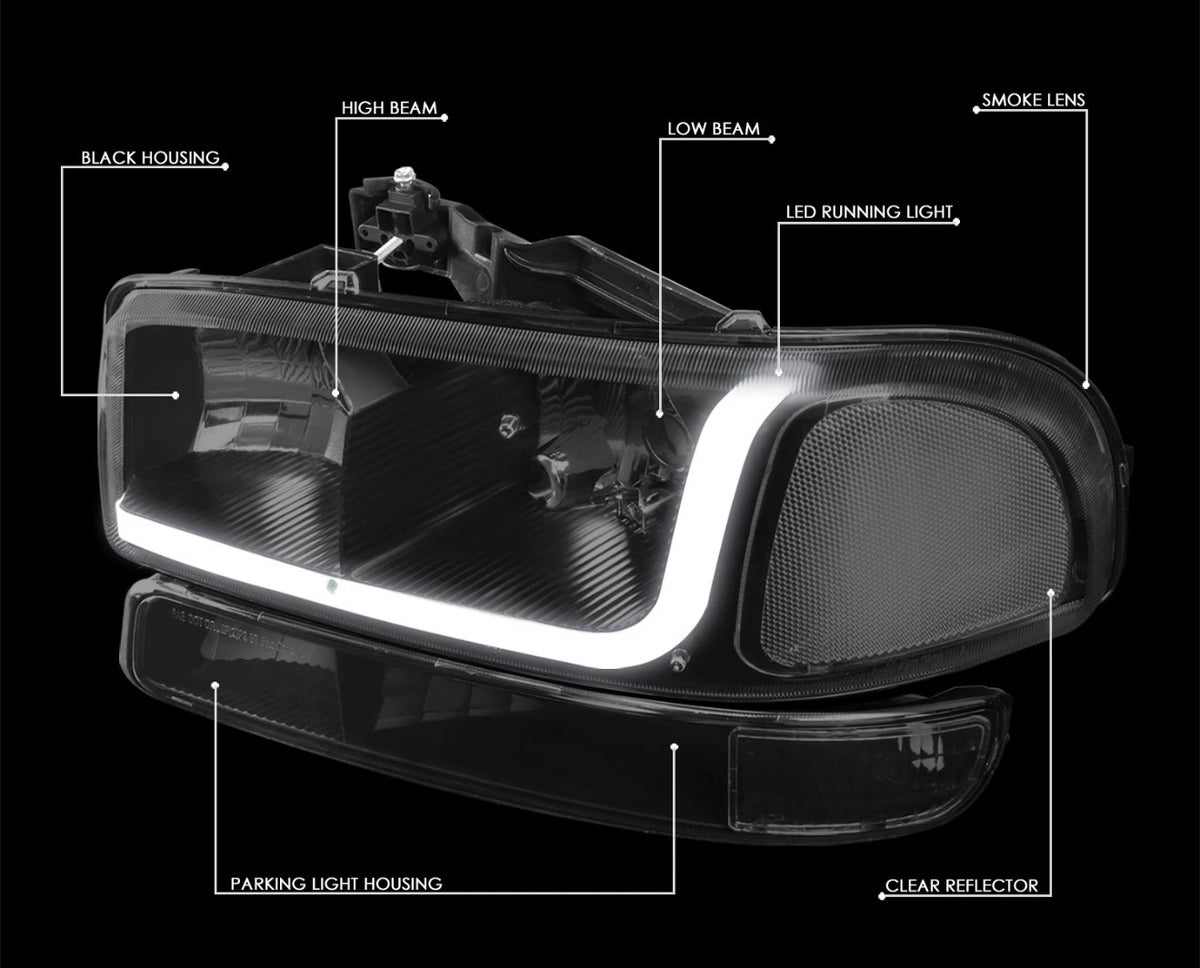 For 1999-2007 Sierra 1500 2500 LED DRL Headlight Bumper Signal Lamp Tinted Clear