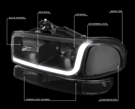 For 1999-2007 Sierra 1500 2500 LED DRL Headlight Bumper Signal Lamp Tinted Clear