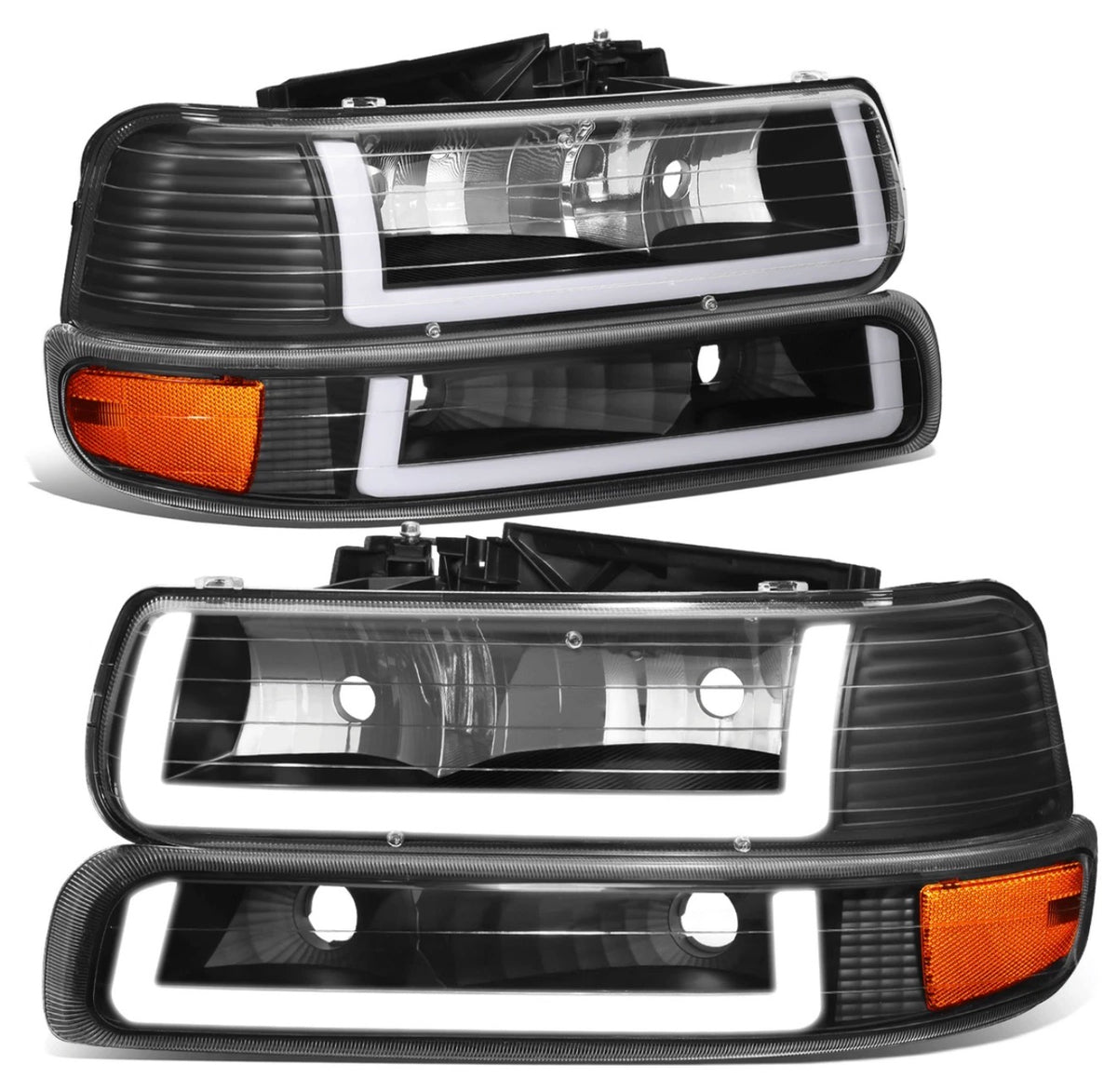 Fit 99-02 Silverado Suburban DRL LED Light Bar Type-2 Black Amber Headlights