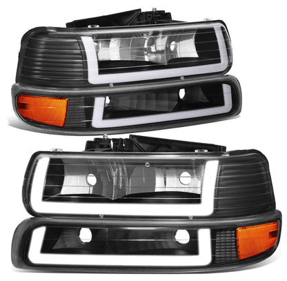 Fit 99-02 Silverado Suburban DRL LED Light Bar Type-2 Black Amber Headlights