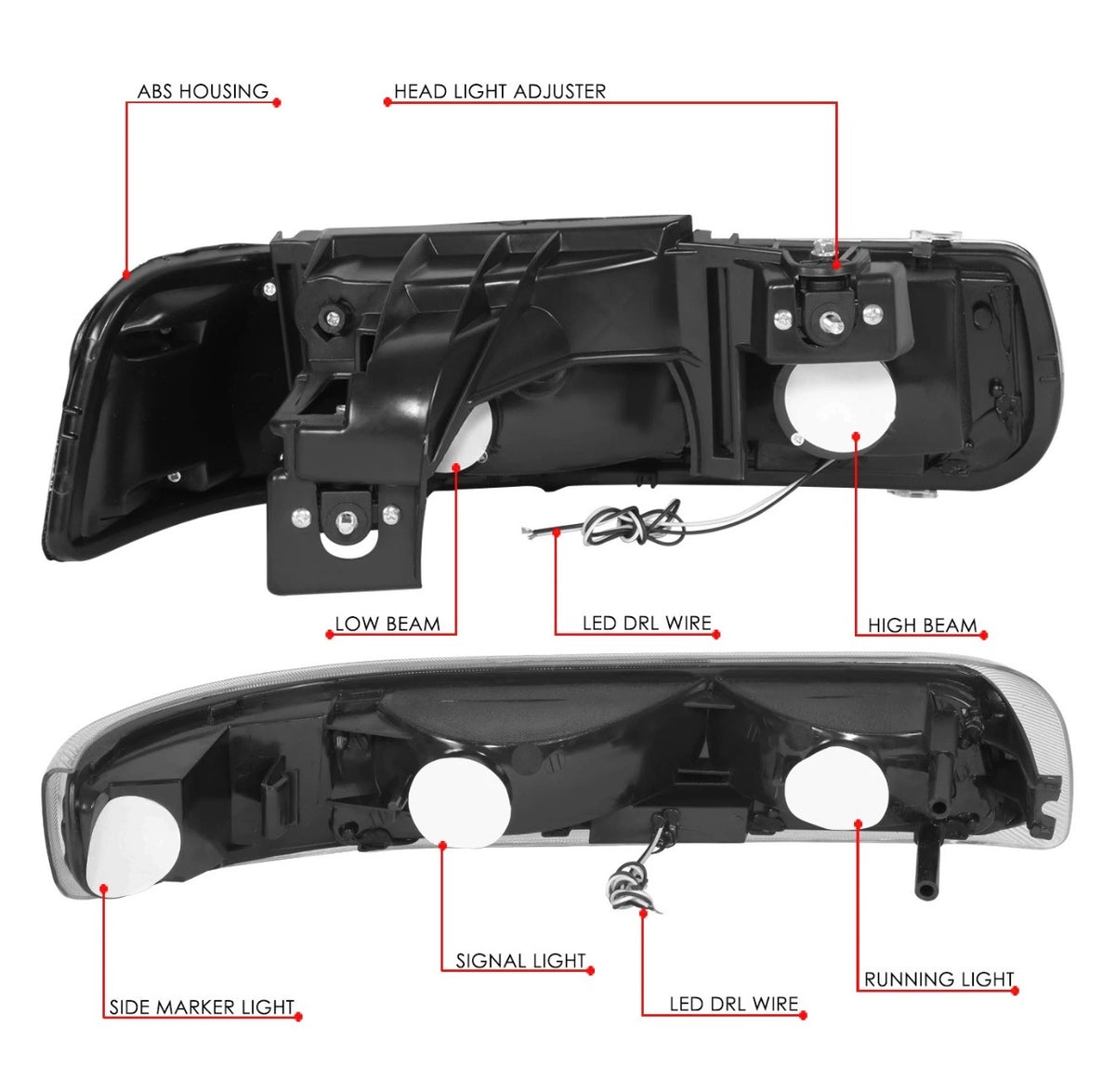 Fit 99-02 Silverado Suburban DRL LED Light Bar Type-2 Black Amber Headlights