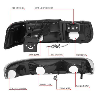 Fit 99-02 Silverado Suburban DRL LED Light Bar Type-2 Black Amber Headlights