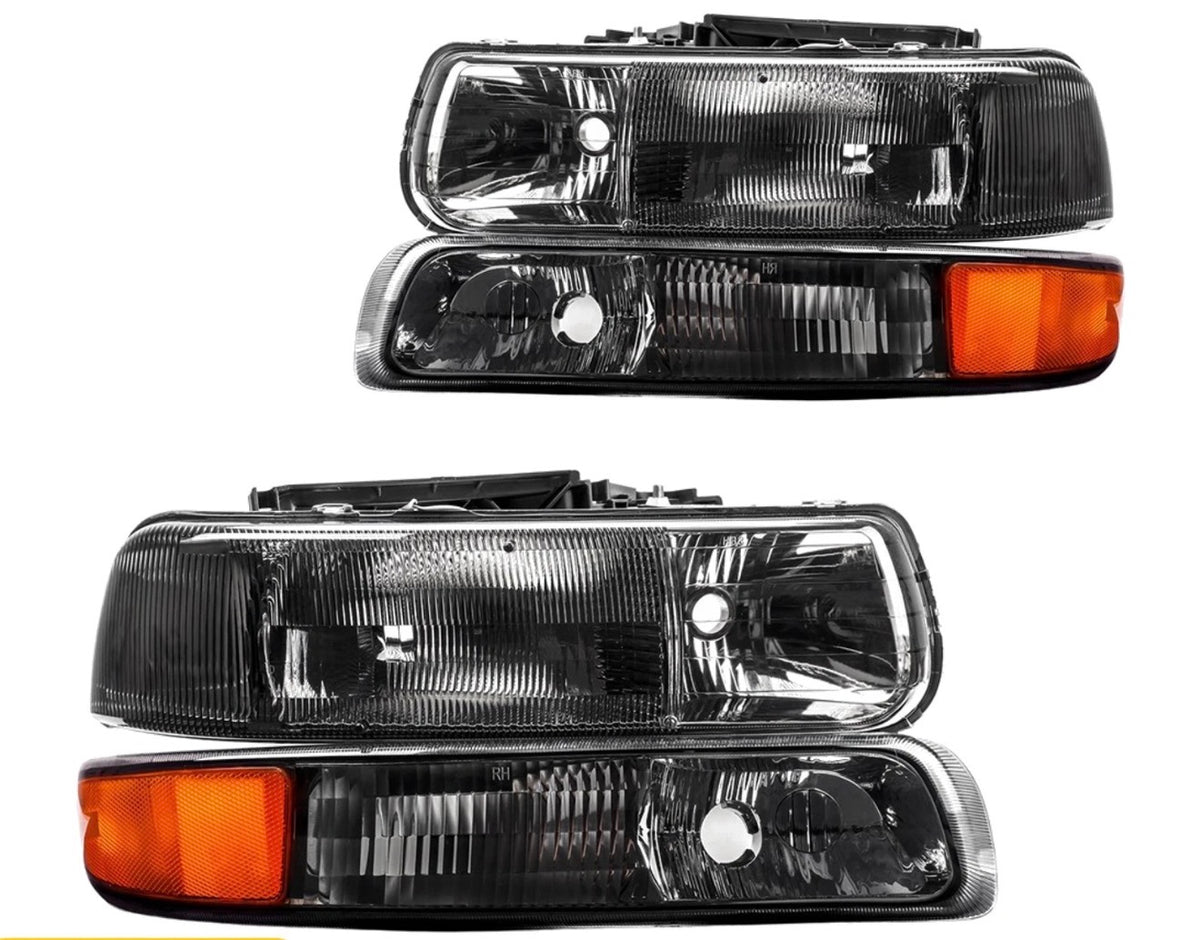 Black Headlights Bumper Lamps For 1999-2002 Chevy Silverado/00-06 Tahoe Suburban amber