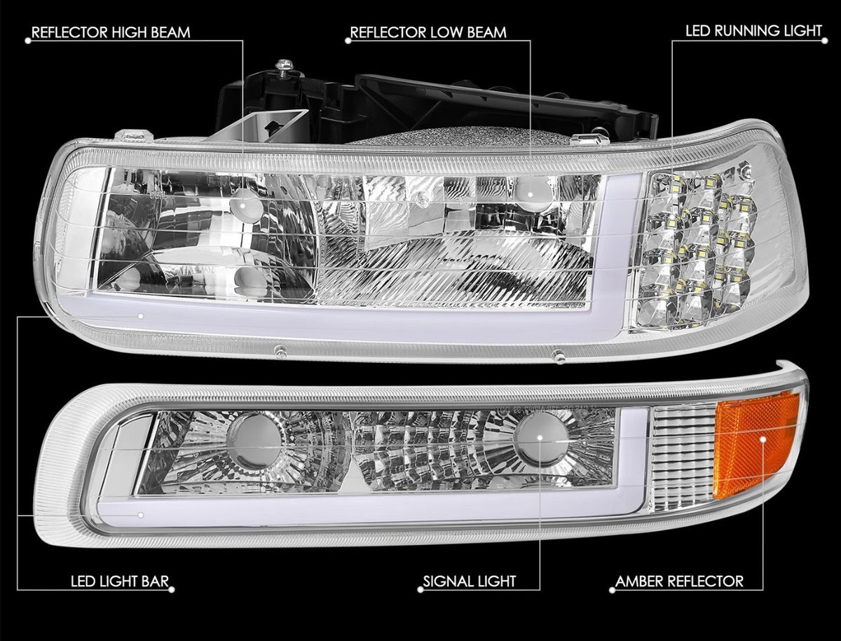 Fit 1999-2002 Chevy Silverado LED DRL Headlight Corner Bumper Signal Lamp Clear
