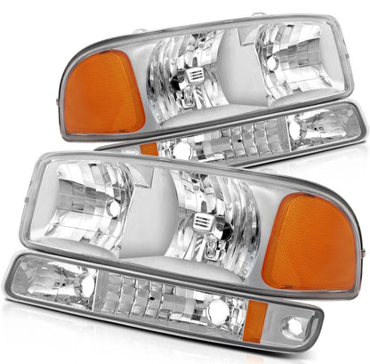 Headlights Assembly+Bumper Light Pair For 2003-2006 GMC Sierra 1500 Clear Lamps