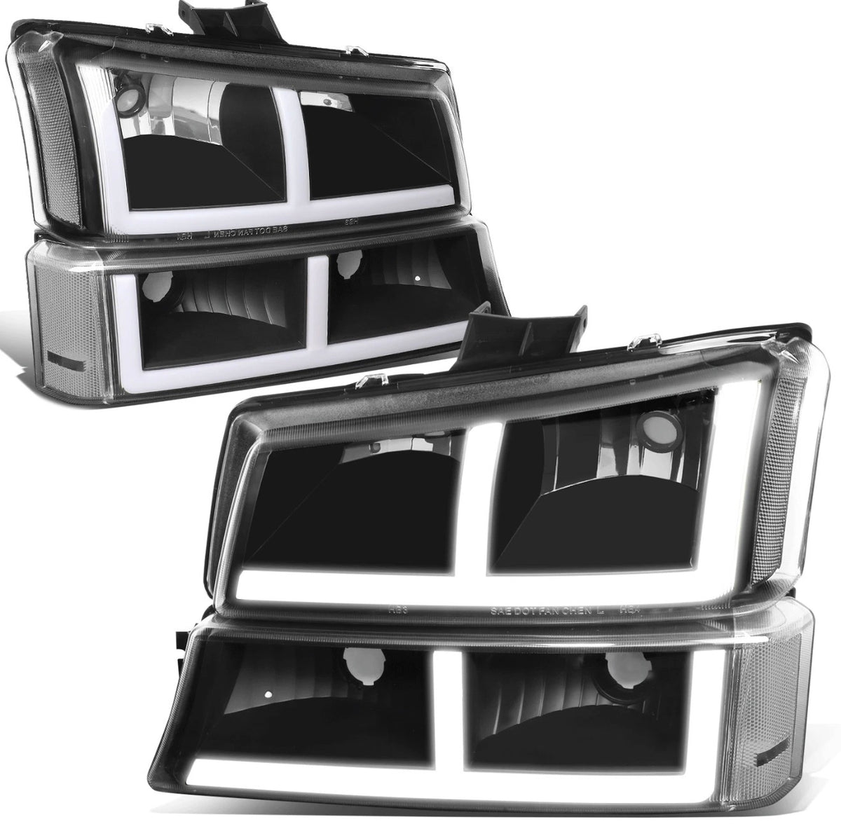 Fit 03-07 Silverado 1500-3500 F-Pattern LED DRL Headlights Bumper Lamps Black