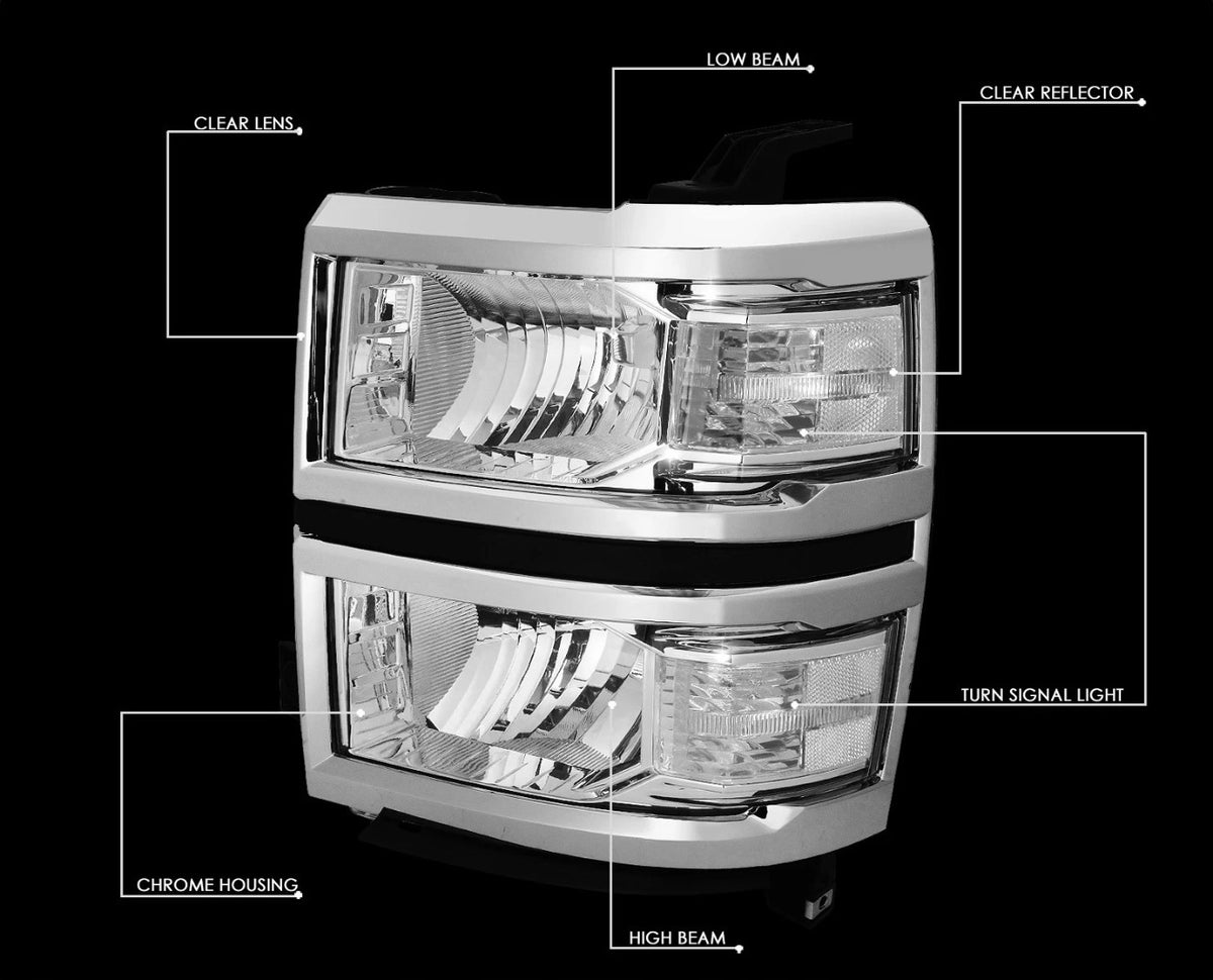 Fit 2014-2015 Chevy Silverado Pair Chrome Housing Clear Side Headlight/Lamp Set