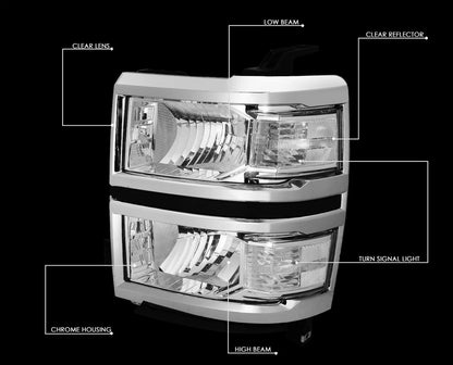 Fit 2014-2015 Chevy Silverado Pair Chrome Housing Clear Side Headlight/Lamp Set