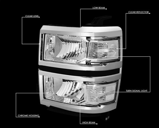 Fit 2014-2015 Chevy Silverado Pair Chrome Housing Clear Side Headlight/Lamp Set
