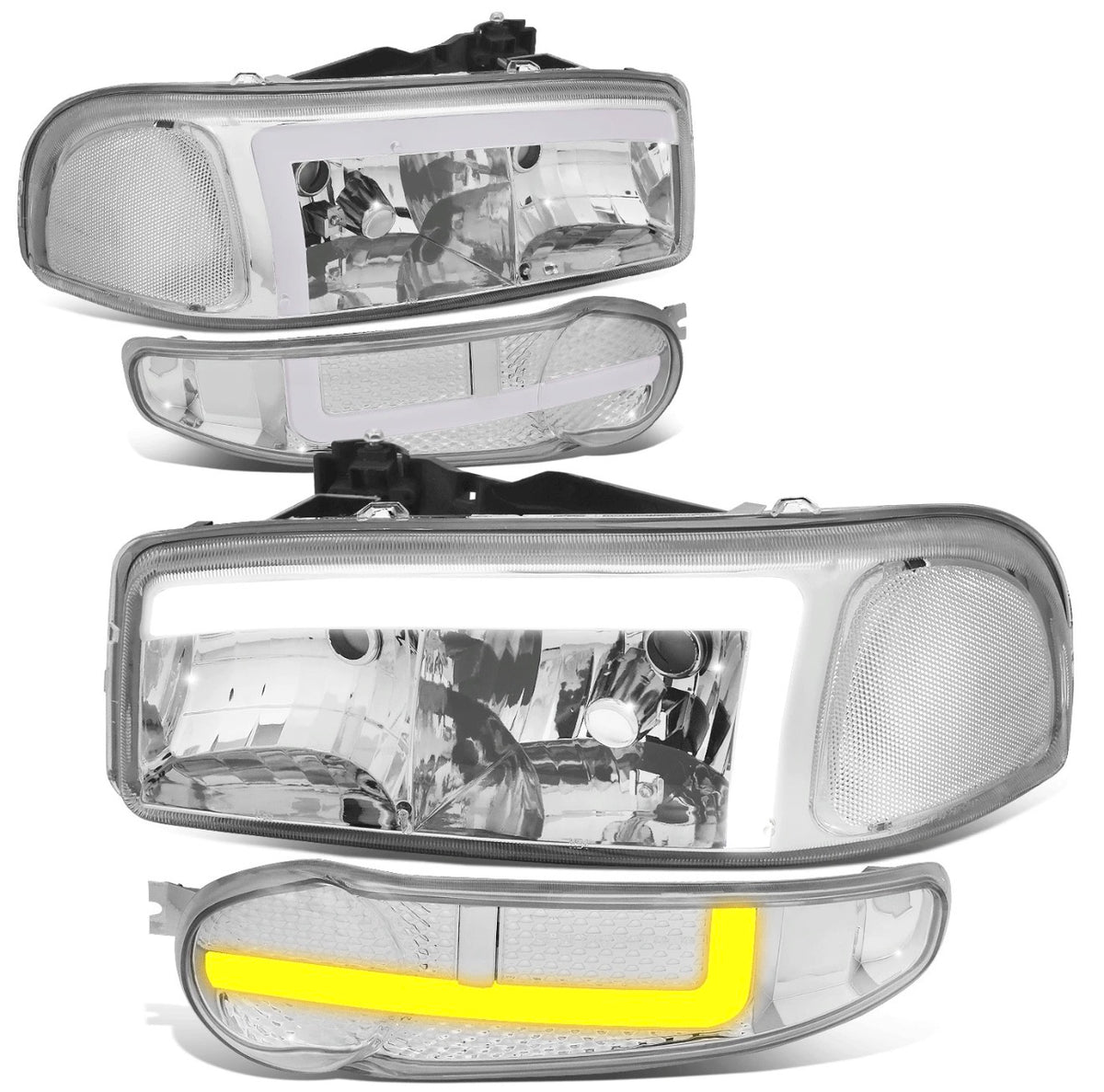 Fit 01-07 Sierra Yukon Denali Switchback LED DRL Bumper Headlights Chrome/Clear