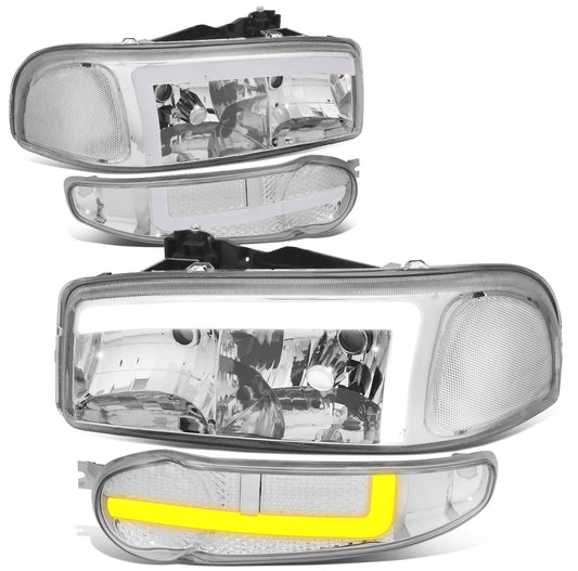 Fit 01-07 Sierra Yukon Denali Switchback LED DRL Bumper Headlights Chrome/Clear