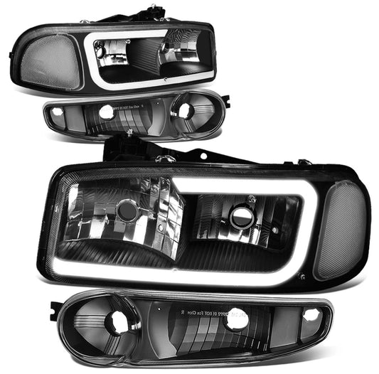Fit 00-06 GMC Yukon XL Sierra Denali LED DRL Headlight+Bumper Lamps Black/Clear