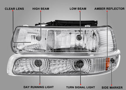 Clear lens+Chrome housing+Amber corner Fit For 1999-2002 Chevy Silverado 2000-2006 Tahoe Suburban 1500