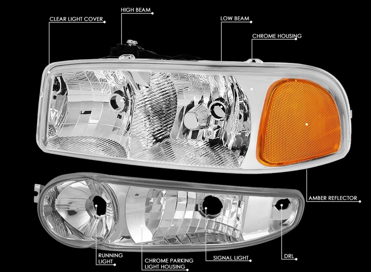 Fit 01-07 GMC Sierra/Yukon Denali Pair Chrome/Amber Side Headlights+Bumper Lamps