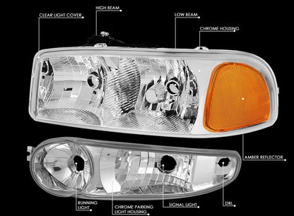Fit 01-07 GMC Sierra/Yukon Denali Pair Chrome/Amber Side Headlights+Bumper Lamps