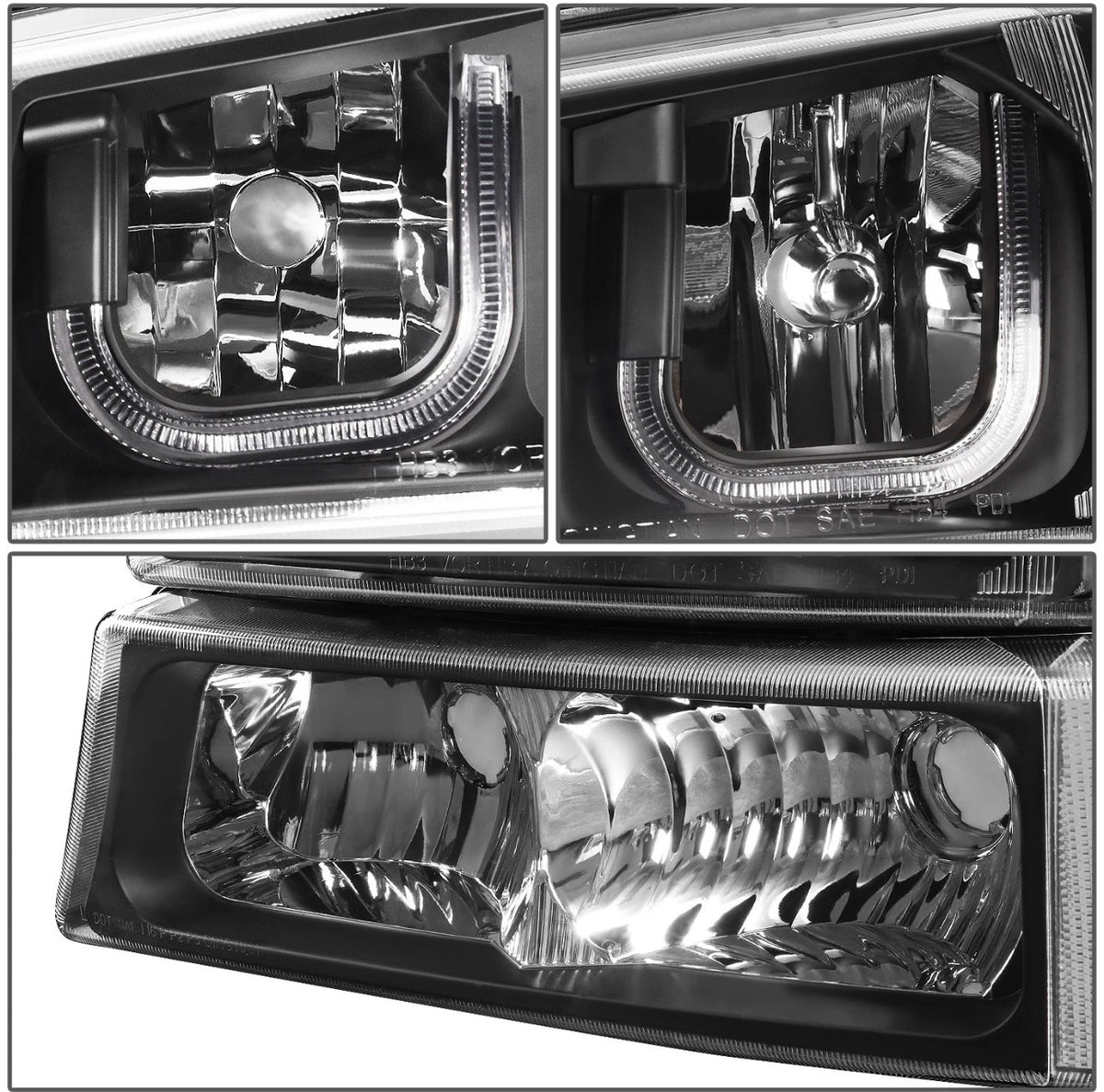 Fit 03-07 Chevy Silverado Black Clear J-Halo LED DRL Headlights w/ Bumper Lamps