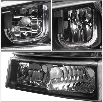 Fit 03-07 Chevy Silverado Black Clear J-Halo LED DRL Headlights w/ Bumper Lamps