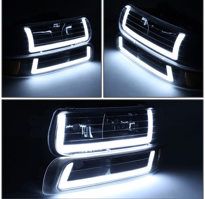 Fit 99-02 Silverado Suburban DRL LED Light Bar Type-2 Black Amber Headlights