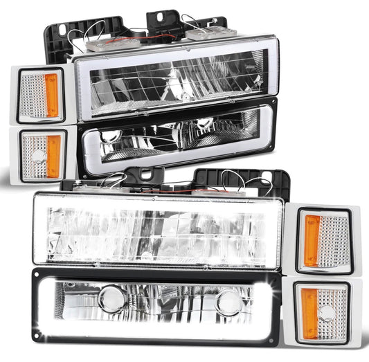 Fit 94-00 Chevy C/K LED DRL Headlight+Bumper Signal+Corner Lamps Chrome/Amber