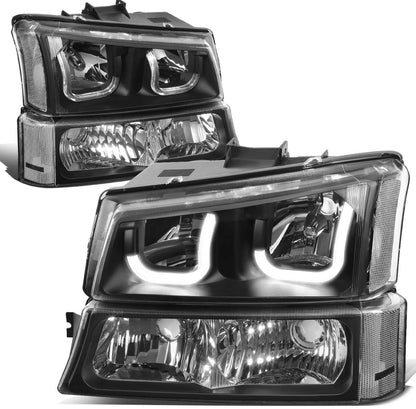 Fit 03-07 Chevy Silverado Black Clear J-Halo LED DRL Headlights w/ Bumper Lamps