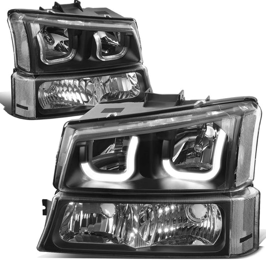 Fit 03-07 Chevy Silverado Black Clear J-Halo LED DRL Headlights w/ Bumper Lamps