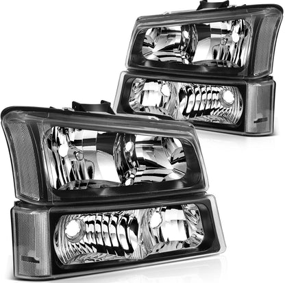 Headlights Assembly+Bumper Lamps Fits 2003-2006 Chevrolet Silverado Black Front