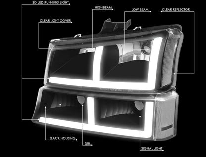 Fit 03-07 Silverado 1500-3500 F-Pattern LED DRL Headlights Bumper Lamps Black