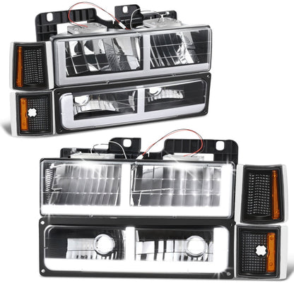 Fit 94-00 GMC C/K 1500-3500 F-LED DRL Headlight+Signal+Amber Corner Lamp Black