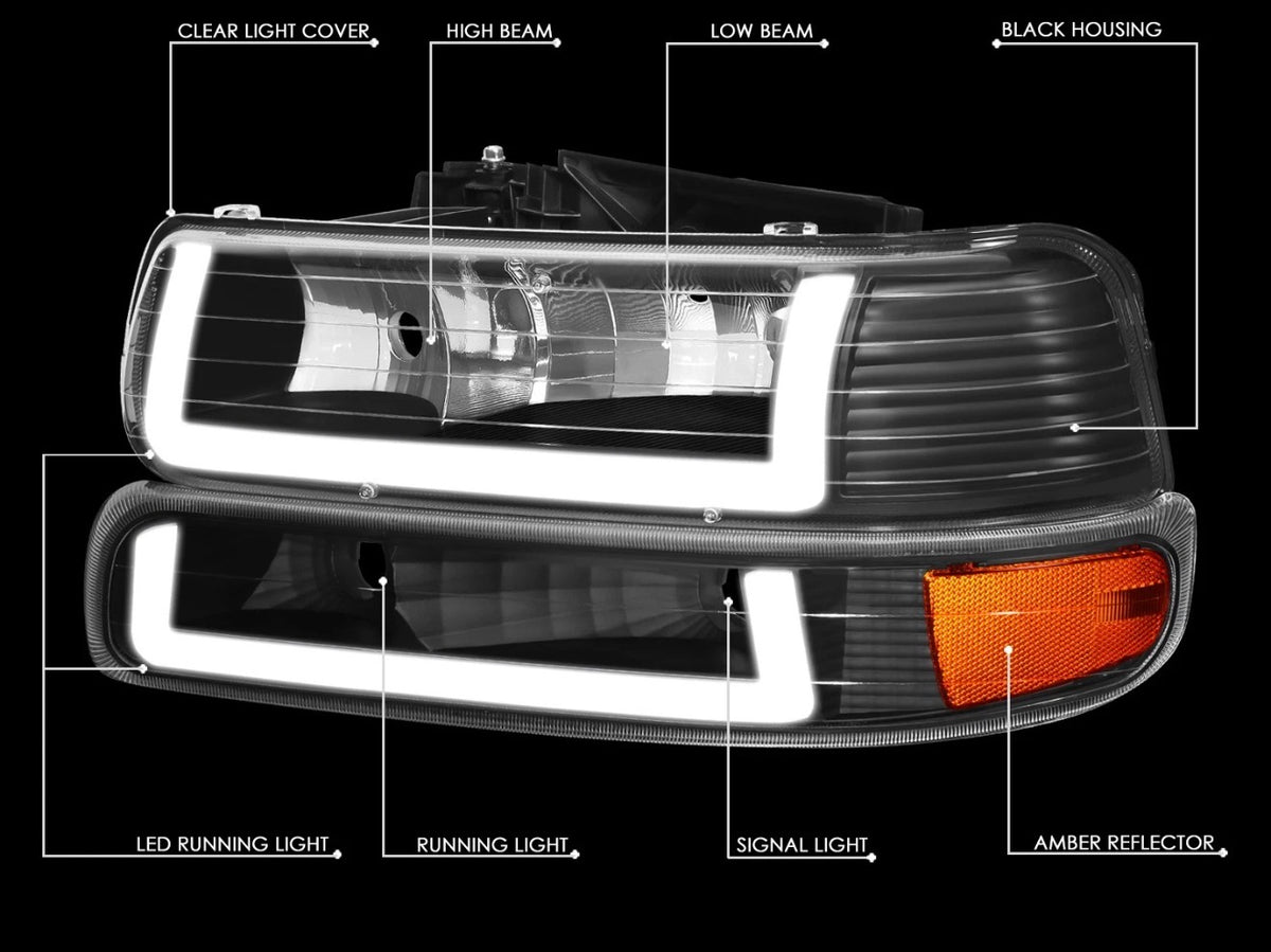 Fit 99-02 Silverado Suburban DRL LED Light Bar Type-2 Black Amber Headlights