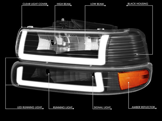Fit 99-02 Silverado Suburban DRL LED Light Bar Type-2 Black Amber Headlights