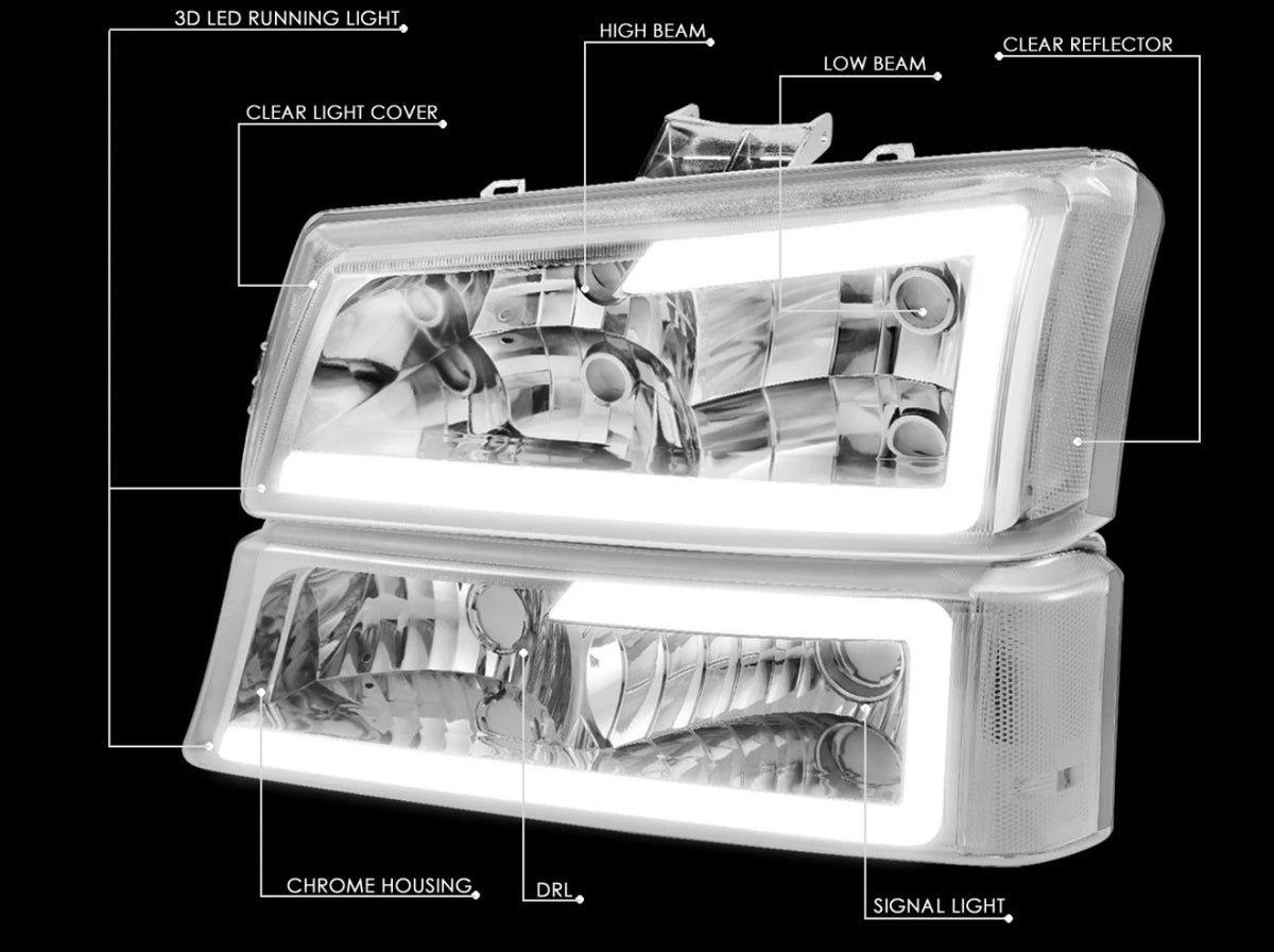 For 2003-2007 Silverado Avalanche LED DRL Headlight Bumper Signal Lamps Chrome