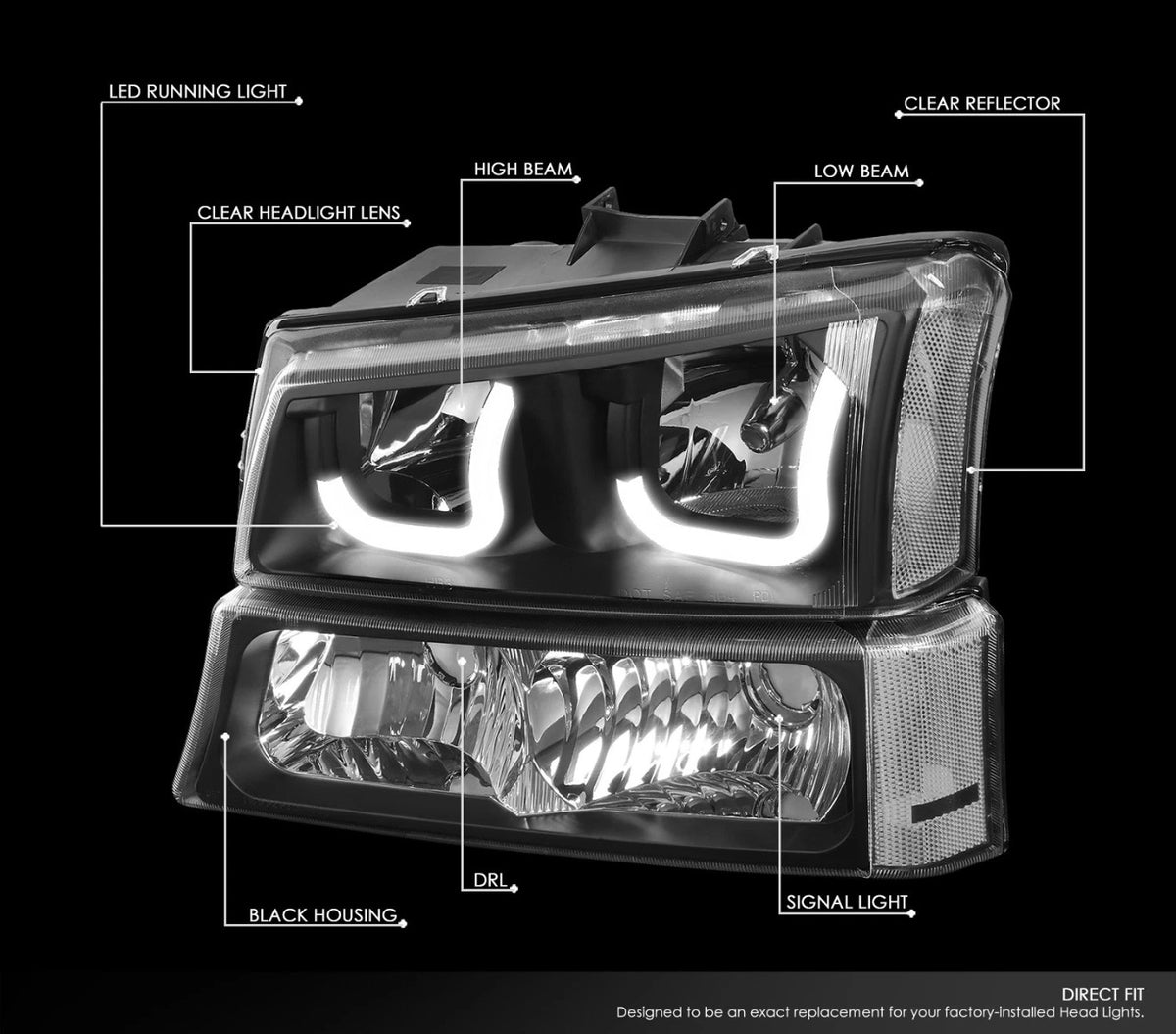 Fit 03-07 Chevy Silverado Black Clear J-Halo LED DRL Headlights w/ Bumper Lamps