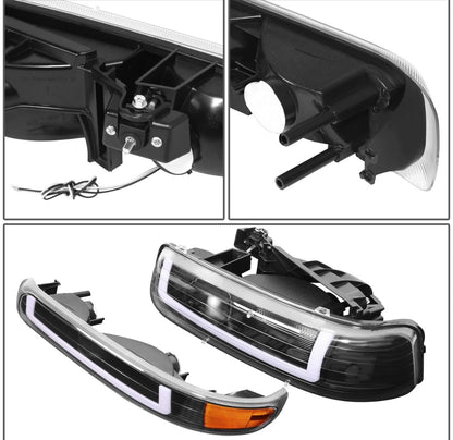 Fit 99-02 Silverado Suburban DRL LED Light Bar Type-2 Black Amber Headlights