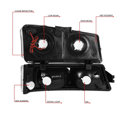 Fit 03-07 Chevy Silverado Black Clear J-Halo LED DRL Headlights w/ Bumper Lamps